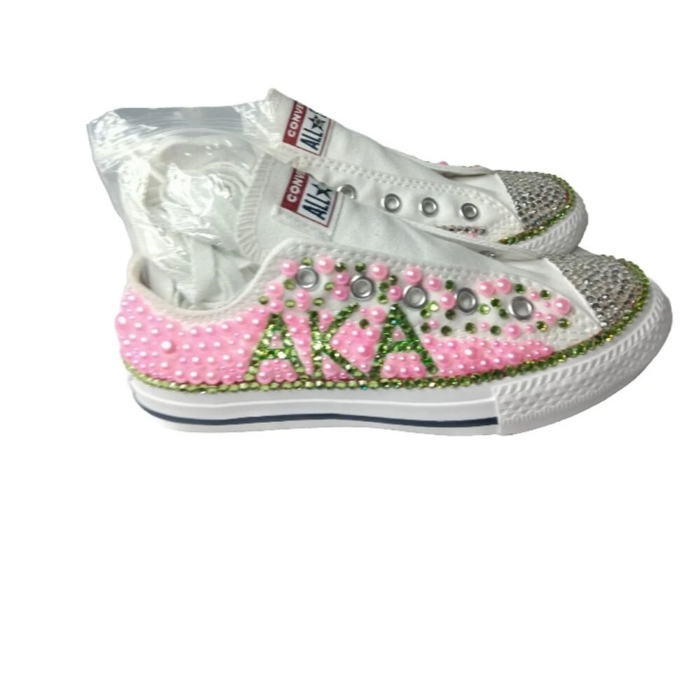 Alpha Kappa Alpha Bling Sneakers Custom Converse Beads Rhinestones Girls Size 13 - Picture 4 of 12